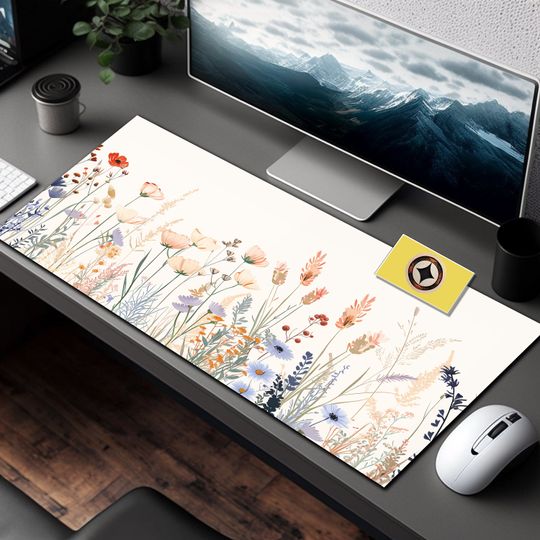 Discover Boho Wildflowers Desk Mat, Floral Office Desk Cover, Minimalist Desk Accessories