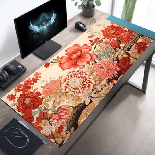 Discover Japanese Floral Desk Mat, Vintage Style Large Mouse Pad