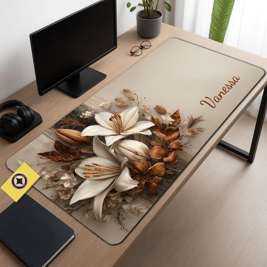 Discover Neutral Lily Botanical Desk Mat - Large Aesthetic Mouse Pad for Home Office and Gaming