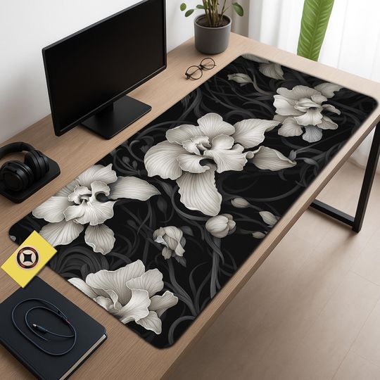Discover Monochrome Orchid Desk Mat - Black & White Floral Mouse Pad