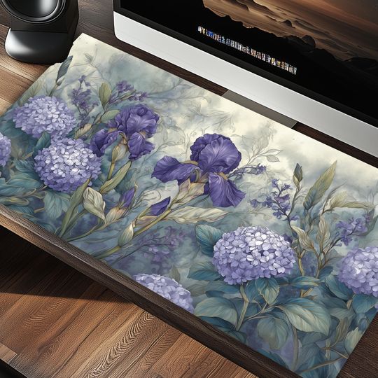 Purple Hydrangea and Iris Botanical Desk Mat for Accessories and Desk Decor