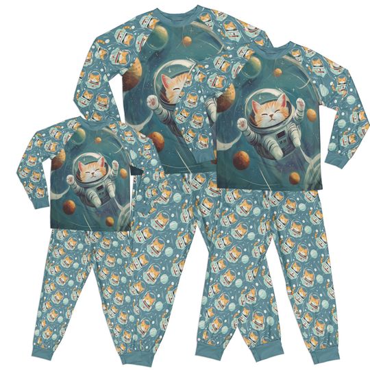 Discover Space Cat Matching Family Raglan Pajamas, Kids and Adult Sizing, Orange Cat PJ Set or Pants Only
