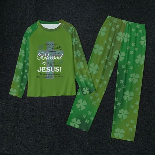 Discover Womens Raglan Pajama Set with, No Luck, Blessed by Jesus Shirt and Shamrock Pants