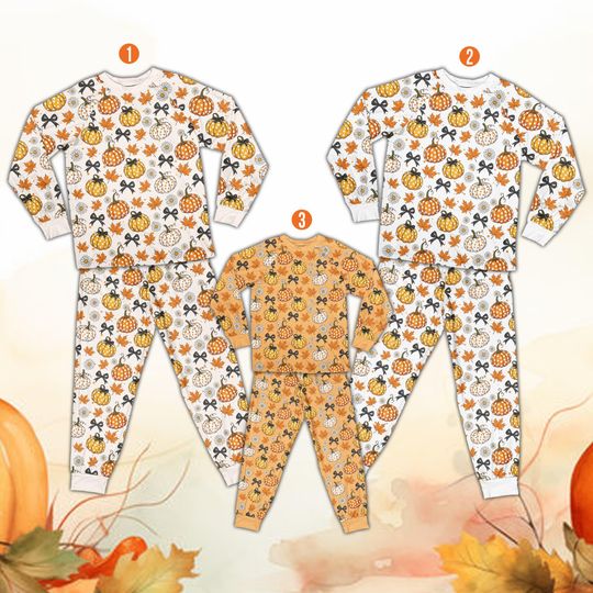 Coquette Pumpkin Pajama Set, Cute Polka Dot Pumpkin Fall Halloween Sleepwear, Cozy Autumn Thanksgiving Long Sleeve PJs, Autumn Girly Pajamas