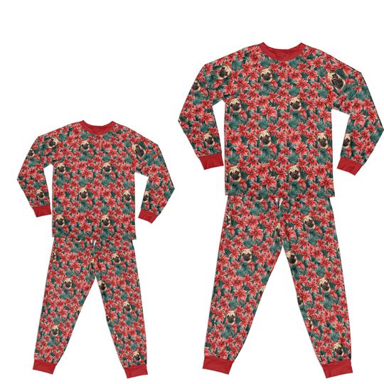Poinsettia Pug Christmas Pajamas: Matching Family Raglan Set or Seperates