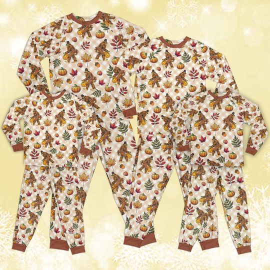 Thanksgiving Bigfoot Family Pajamas Set, Cozy Fall Harvest Pajamas with Pumpkin & Turkey Print, Perfect Autumn Sleepwear for Adults Kids