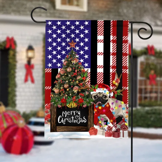 Pug Dog Merry Christmas Flag, Pug Dog Christmas Tree Flag, Pug Dog Xmas Flag