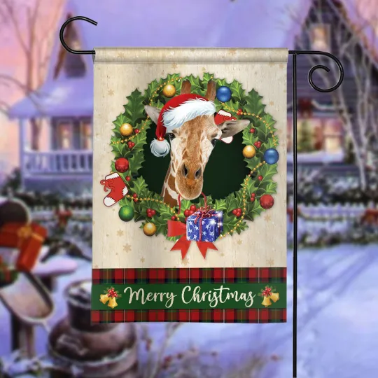 Giraffe Merry Christmas Flag, Giraffe Christmas Wreath Flag, Giraffe Xmas Flag