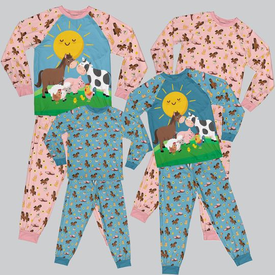 Farm Animal Matching Family Pajamas:Kid's and Adult Raglan PJ Set or Separates