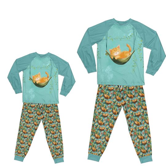 Discover Orange Cat Hammock Matching Family Raglan Pajamas, Kids and Adult, PJ Set or Pajama Pants Only