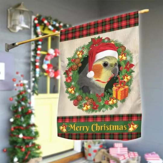 Cockatiel Merry Christmas Flag, Love Cockatiel  Christmas Wreath Xmas Flag