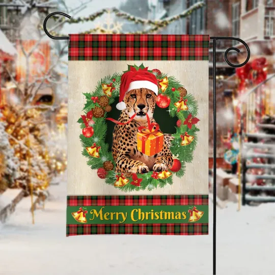 Discover Cheetah Merry Christmas Flag, Love Cheetah Christmas Wreath Cheetah Xmas Flag