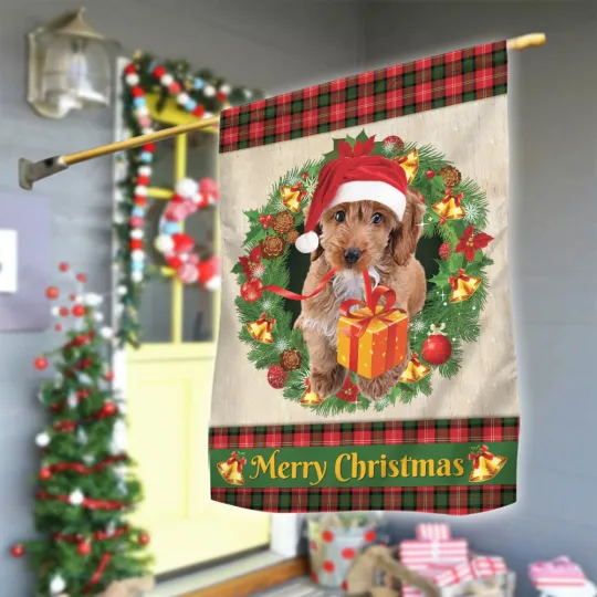 Cockapoo Dog Merry Christmas Flag, Love Dog Christmas Wreath dog Xmas Flag