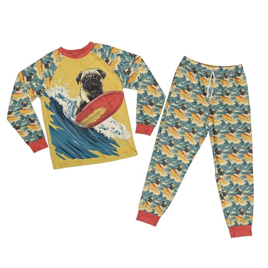 Yellow Surf Pug Raglan Pajamas in Adult and Kids Sizes, Kids and Adult Sizing, PJ Set or Pants Only
