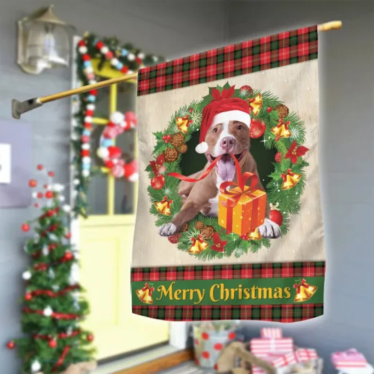 Discover Pitbull Dog Merry Christmas Flag, Love Pitbull Dog Christmas Wreath dog Xmas Flag