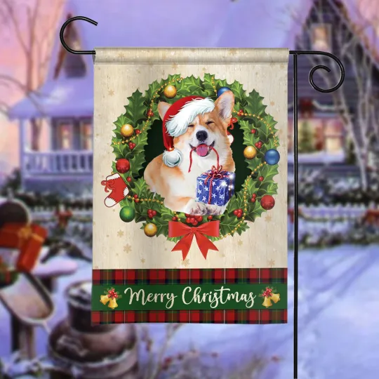 Corgi Dog Merry Christmas Flag, Corgi Dog Christmas Wreath Flag, Dog Xmas Flag