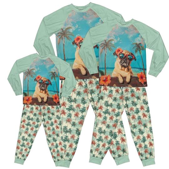 Green Summer Loving Pug Pajama Set in Youth and Adult Sizing, Retro Tropical Palm Tree Matching Family PJS