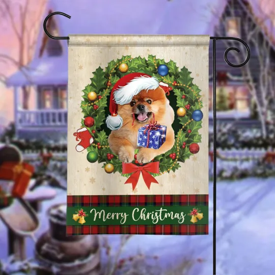 Pomeranian Dog Merry Christmas Flag, Pomeranian Dog Christmas Wreath Xmas Flag