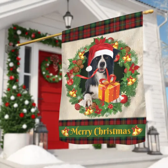 Border Collie Dog Merry Christmas Flag, Love Dog Christmas Wreath dog Xmas Flag