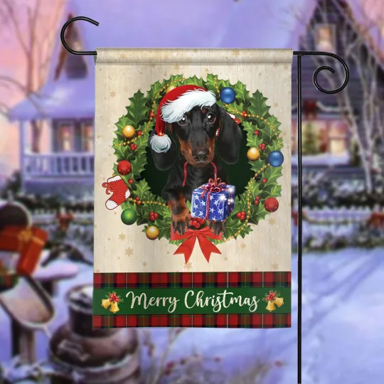 Discover Dachshund Dog Merry Christmas Flag, Dachshund Dog Christmas Wreath Xmas Flag