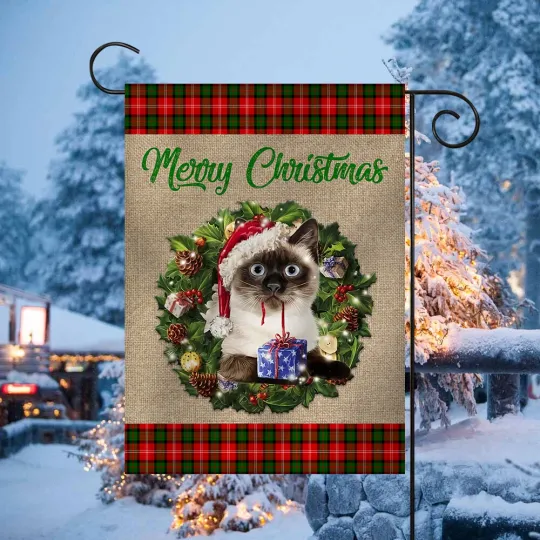 Siamese Cat Merry Christmas Flag, Love cat Christmas Wreath cat Xmas Flag