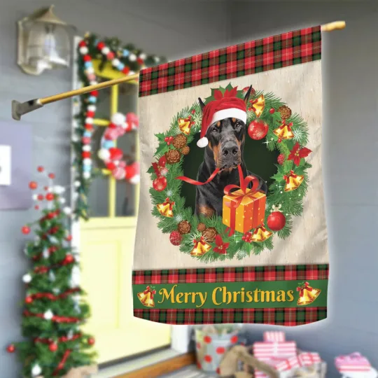 Dobermann Dog Merry Christmas Flag, Love Dog Christmas Wreath dog Xmas Flag