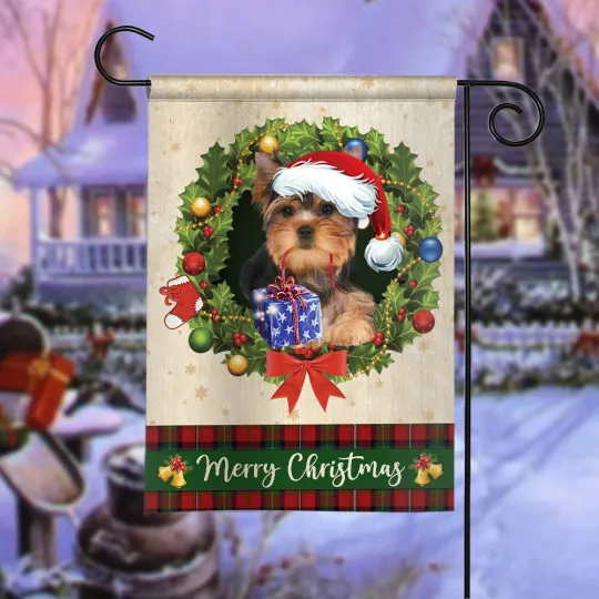 Yorkshire Terrier Dog Merry Christmas Flag, Yorkie Dog Christmas Wreath Flag