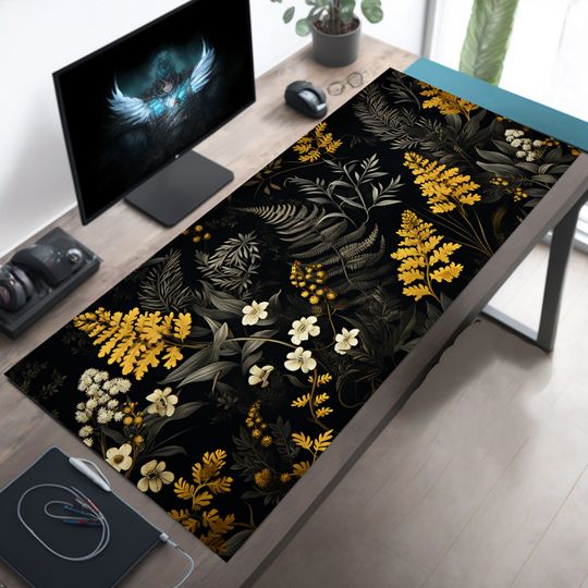 Dark Cottagecore Desk Mat, Black Fern Floral Cozy Aesthetic Desk Mat