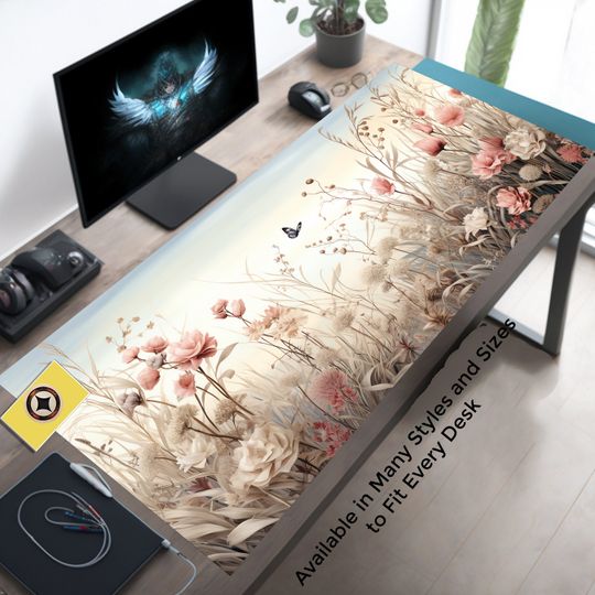Pink Wildflowers Desk Mat - Large Gaming Mouse Pad with Stitched Edges for Work