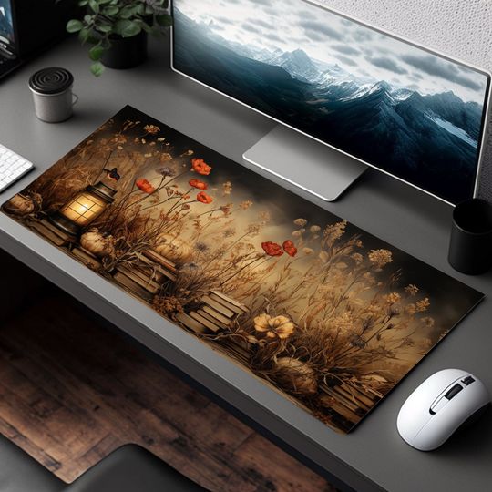 Gray Academia Desk Mat, Cottagecore Desk Pad, Floral Mouse Pad