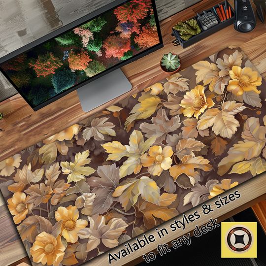Western Autumn Botanical Desk Mat - Gold, Yellow & Brown Leaves and Flowers