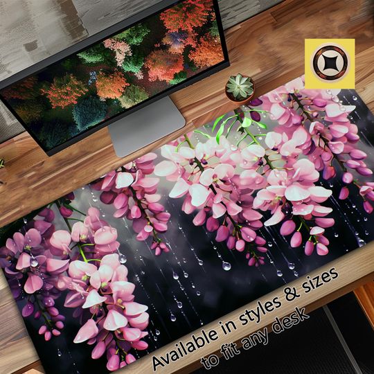 Discover Pink Wisteria in the Rain Large Desk Pad for Aesthetic Desk Decor - Lovely Desk Art Gift for Her