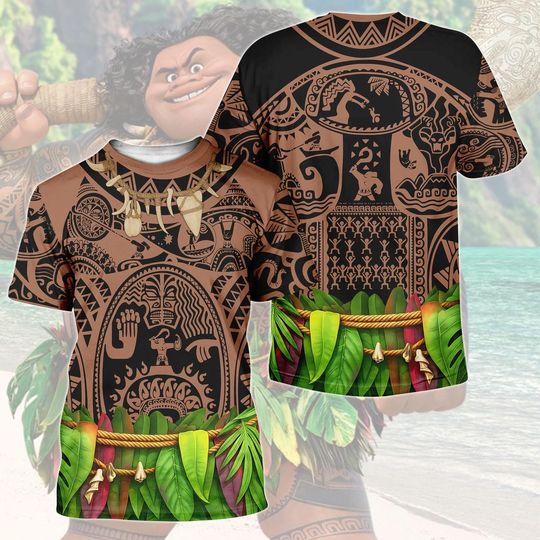 Maui Costume 3D T-Shirt, Moana Disney Shirt, Polynesian Tattoo Shirt, Maui Costume Cosplay Outfit, Disney Trip Shirt