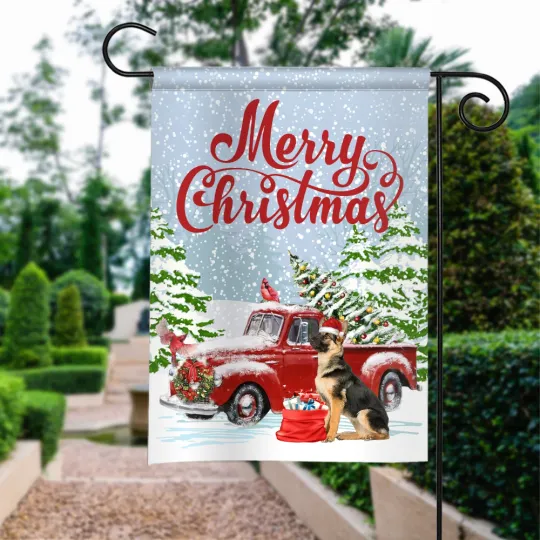 German Shepherd Dog Merry Christmas Flag, German Shepherd Dog Xmas Red Truck Flag