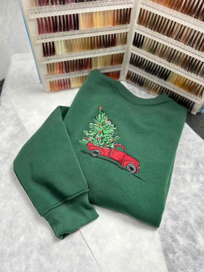 Discover Embroidered Christmas Truck Sweatshirt: Custom Holiday Sweater
