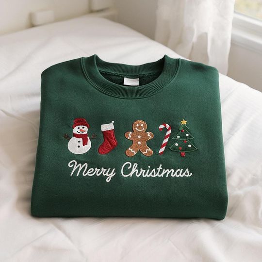 Embroidered Merry Christmas Sweatshirt, Embroidered Gingerbread Sweatshirt, Embroidered Christmas Crewneck Sweatshirt, Xmas Gift