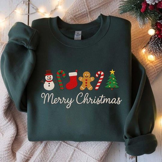 Discover Merry Christmas Embroidered Sweatshirt, Holiday Crewneck Sweater, Xmas Embroidery Shirt, Festive Winter Pullover