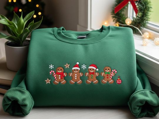 Embroidered Gingerbread Cookie Christmas Sweatshirt, Festive Holiday Crewneck for Women, Cute Xmas Sweater with Candy Cane Sweater