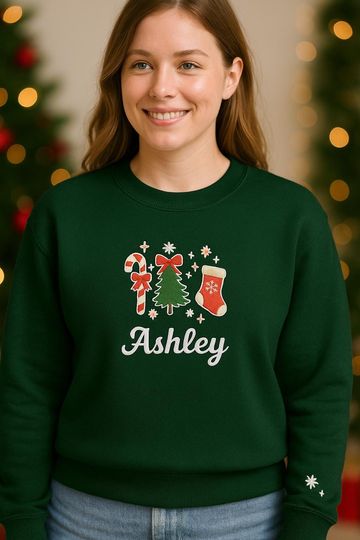 Embroidered Christmas Sweater Forest green, Personalized Holiday Crewneck, Coquette Xmas Sweatshirt, Custom Embroidery Gift for Her
