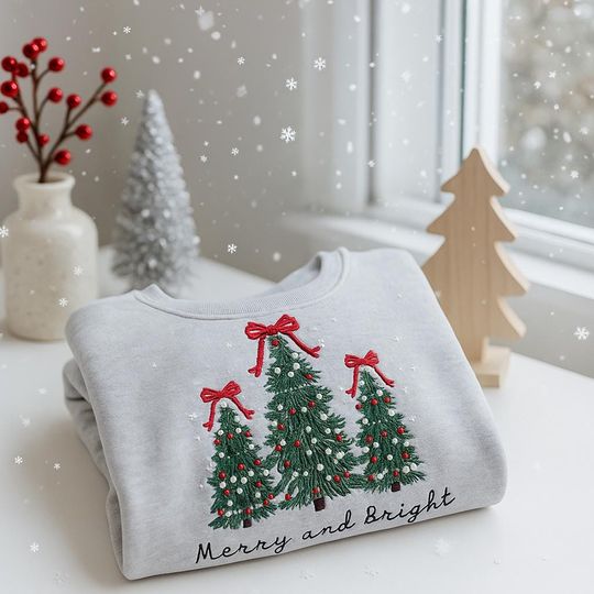 Discover Merry and Bright Pine-Tree Embroidered sweatshirts, holiday sweater, christmas tree sweater, gingerbread, piny sweatshirt, pine