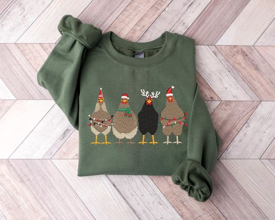 Discover Christmas Chicken Embroidered Sweatshirt, Funny Christmas Chicken Sweatshirt, Christmas Embroidery Shirt, Christmas Farm Embroidery Shirt