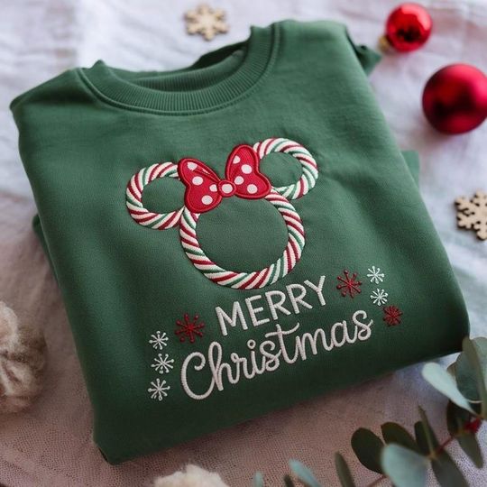 Discover EMBROIDERED Peppermint Minnie Christmas Sweatshirt, Minnie Mouse Xmas Sweater, Disney Holiday Shirt, Candy Cane Christmas Shirt, Merry Xmas