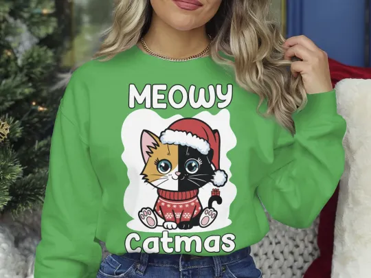 Discover Christmas Sweatshirt Meowy Catmas Funny Cat Xmas Sweater Christmas Jumper Day