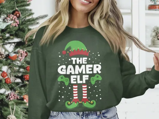Discover The Gamer Elf Christmas Sweatshirt Funny Gaming Ugly Jumper Gildan Heavy Blend