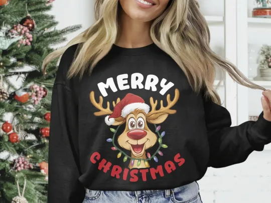 Merry Christmas Reindeer Sweatshirt with Rudolph Lights Gildan Heavy Blend