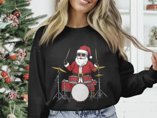 Discover Santa Drummer Christmas Sweatshirt Music Band Gift Gildan Heavy Blend Crewneck