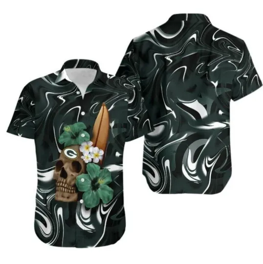 Discover Green Bay Football Surf Skull Hibiscus Summer Aloha Unisex Hawaiian Shirt, Gift for Fan