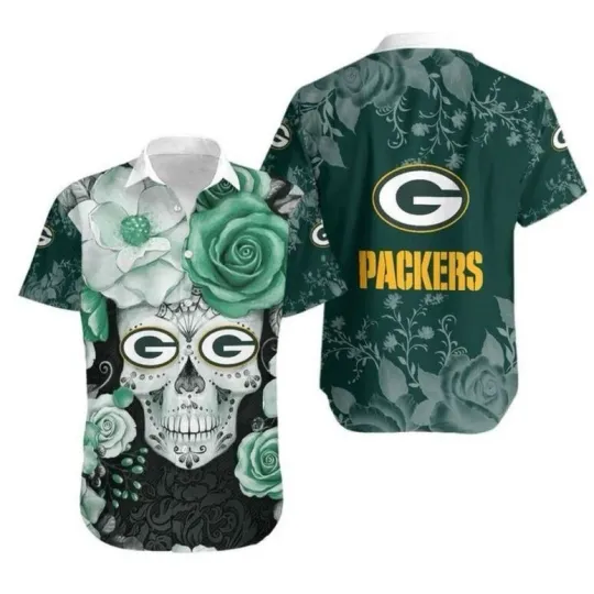 Discover Green Bay Football Skull Bloom Summer Aloha Unisex Hawaiian Shirt, Gift for Fan