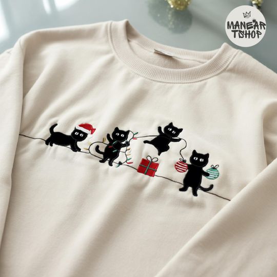 Embroidered Christmas Cute Black Cat  T-shirt Sweatshirt Hoodie, Christmas Cute Cat Sweater, Cat Lover Crewneck, Black cat christmas shirt