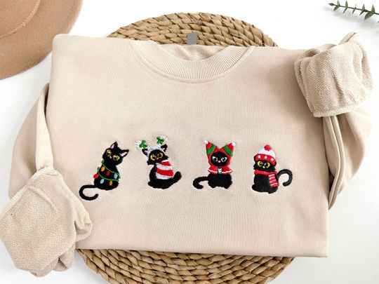 Embroidered Christmas Cats Sweatshirt, Christmas Embroidered Sweater,Funny Christmas Sweatshirt, Black Cat Lover Gift